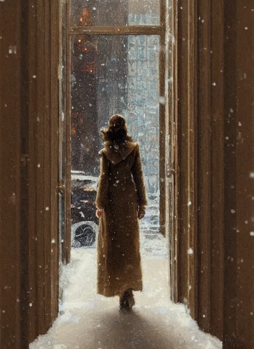 Image similar to back of emma stone in beige coat, walking into new york apartment building in winter, opening door, building entrance, snow, zoomed out, artwork by gaston bussiere, craig mullins, trending on artstation