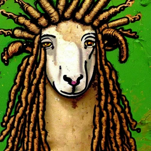 Image similar to a funny medieval wall painting of a rastafarian sheep with dreadlocks, highly detailed, trending on artstation