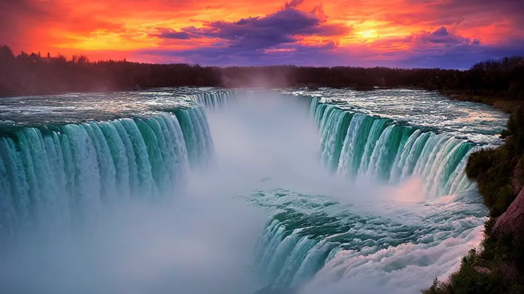 Prompt: amazing landscape photo of niagara falls in sunset by marc adamus, beautiful dramatic lighting