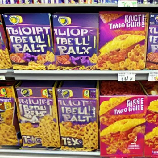 Image similar to a box of taco bell cereal on a grocery store shelf, photo