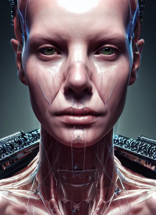 Prompt: 3 / 4 portrait, queen, crown, transparent skin, muscle, bones, veins, nerves, hyperrealism, detailed, photorealistic, cyberpunk apocalyptic city, futuristic, ultra realistic, cinematic, intricate, cinematic light, unreal engine 8 k, octane render, unreal engine by charlie bowater, david kostic, stanley lau, artgerm