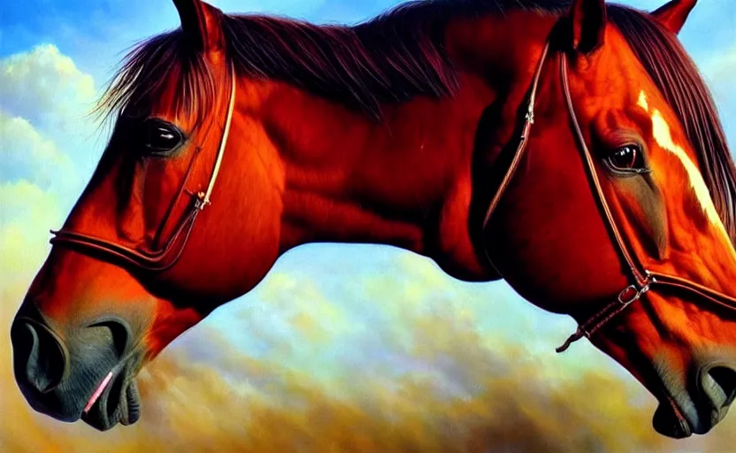 Prompt: a masterpiece oil painting of a single and proud horse. wide angle, fantasy art, alex ross, heroic lighting, very very very beautiful raytraced rendering