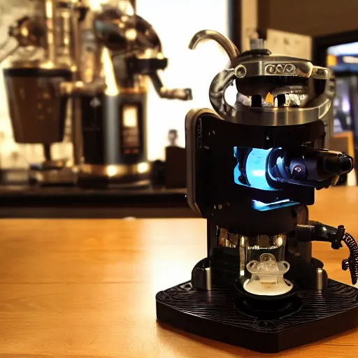 Image similar to dslr photo of a steampunk robotic coffee machine with small gears in an android coffee shop, by ridley scott,