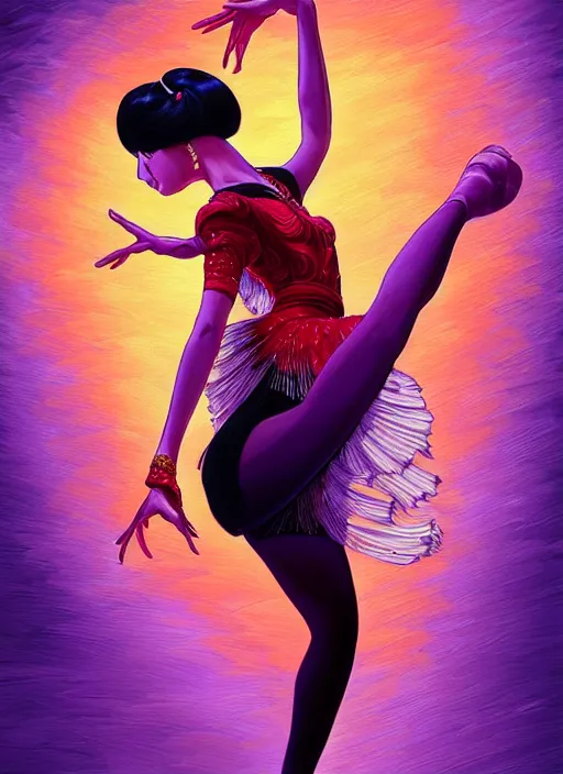 Image similar to a beautiful dancer with black hair in 1970's fashion, ballroom background, intricate, highly detailed, digital painting, artstation, official media, anime key visual, concept art, rich vivid colors, ambient lighting, sharp focus, illustration, art by Artgerm, Makoto Shinkai, Ilya Kuvshinov, Lois Van Baarle, and Rossdraws