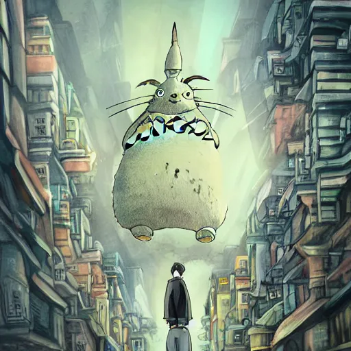 Image similar to totoro doing bussiness, tuxedo, in the big city, skyscrappers, fantasy digital art, wow, stunning, ghibli style, hight quality