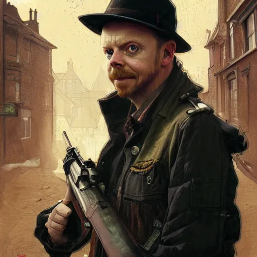 Image similar to portrait of simon pegg in the london of suburbs, winchester rifle, zombie apocalypse, joyful smirk, intricate, elegant, highly detailed, digital painting, artstation, concept art, matte, sharp focus, illustration, art by artgerm and greg rutkowski and alphonse mucha