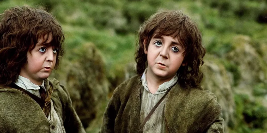 Image similar to A full color still of young Paul McCartney in Hobbit makeup and costume, in The Lord of the Rings directed by Stanley Kubrick,