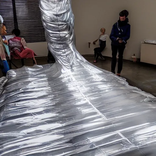 Image similar to a person who is completely wrapped in saran - wrap, photograph, art installation of people wrapped in clingwrap
