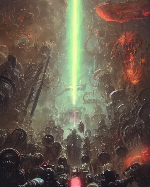 Prompt: Joe Biden with a wide grin shooting laser beams out of his eyes into a crowd, Evil, chaos, hypermaximalist, ornate, horror, Peter Mohrbacher, Marc Simonetti, Mike Mignola, detailed, bloodborne, colorful