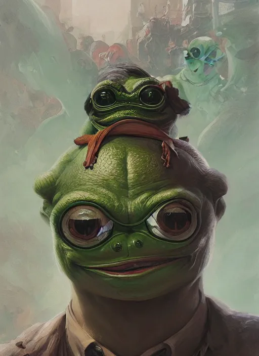 Image similar to Portrait of Pepe The Frog, marvel comics, dark, intricate, highly detailed, smooth, artstation, digital illustration by Ruan Jia and Mandy Jurgens and Artgerm and Wayne Barlowe and Greg Rutkowski and Frank Frazetta