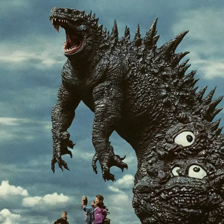 Image similar to Godzilla starring in Barney & Friends