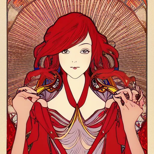 Prompt: flowing theatre red curtains, centered radial design, gold art nouveau graphic elements, painting by mucha, beautiful lighting, anime, studio ghibli, norman rockwell, trending on artstation