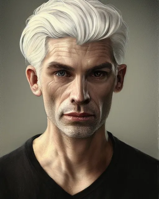 Image similar to portrait of 4 0 - year - old man with white hair with a pale complexion, pointed face and grey eyes, clear smooth face, no beard, wearing all black clothes, haughty facial expression, hyper realistic face, beautiful eyes, close up, fantasy art, in the style of greg rutkowski, intricate, alphonse mucha, hyper detailed, smooth