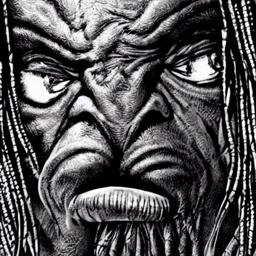 Prompt: hedcut portrait of yatuja from the movie predator