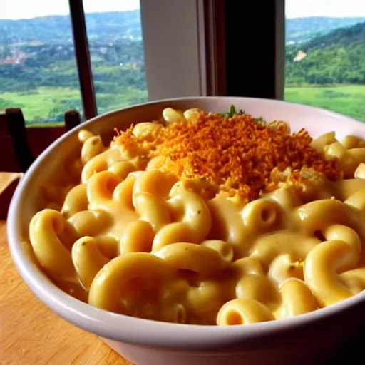 Image similar to a mac n' cheese dream. flowing with cheese. gorgeous vista.