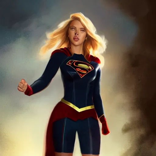 Prompt: scarlett johansson as supergirl, black uniform, by greg rutkowski