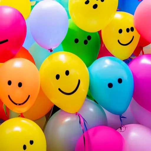 Prompt: plenty of birthday balloons with a smiley face