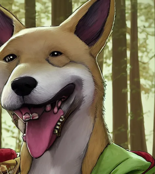 Image similar to close up character portrait icon of the anthro anthropomorphic very cute jindo dog trader head stylized anime animal person fursona wearing clothes standing in the bright forest, hidari, color page, tankoban, 4 k, tone mapping, akihiko yoshida