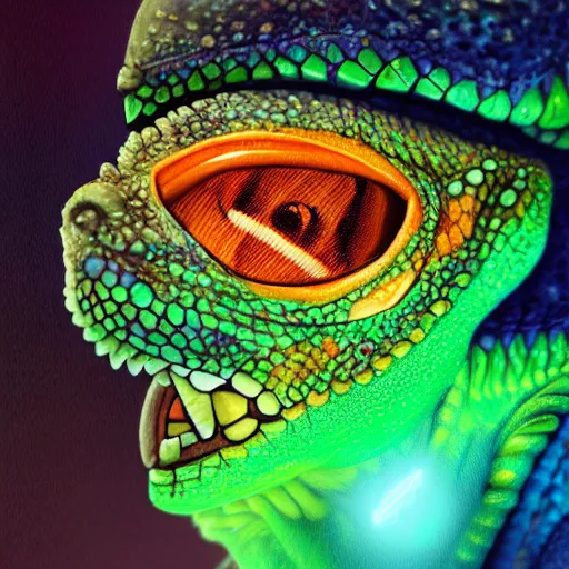 Image similar to close up portrait of a young chameleon lizard as a wizard, pixar style, stylized face, intricate detail, digital painting, glowing orange eyes, neon colors, particles floating, background by wlop, artwork by ross tran and ramond swanland and liam wong and mike winklemann, trending on artstation