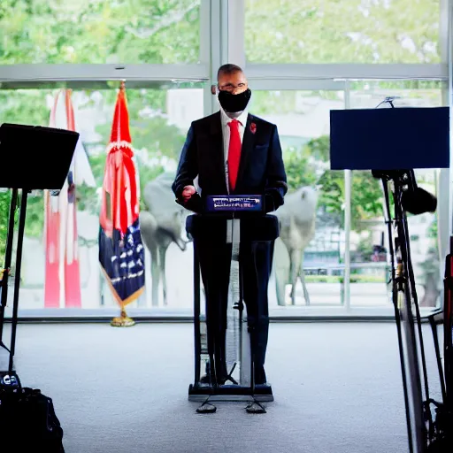 Image similar to a fox animal dressed in a suit giving a presidential press conference, 8 5 mm f / 1. 4