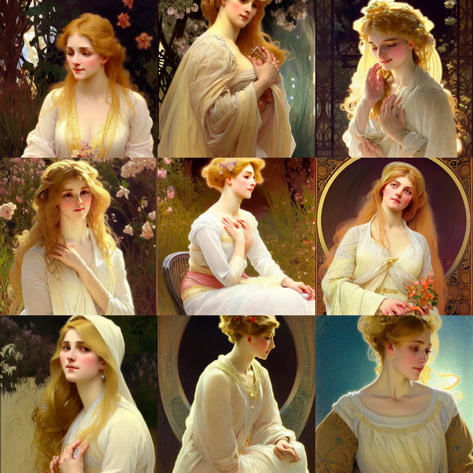 Prompt: painted portrait of a modest wife blessed by god with ever - increasing intelligence beauty and virtue. blonde, modest well - endowed holy body, light effect. feminine, powerful, in clothes! intricate, elegant, highly detailed, digital painting, artstation, concept art, smooth, sharp focus, illustration, art by gaston bussiere and alphonse mucha