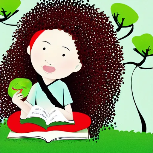 Prompt: green - eyed freckled female child, with long red curly hair wearing a kimono, sitting next an apple tree while reading a book, minimalist illustration