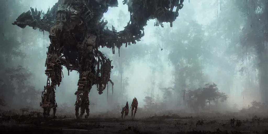 Image similar to beautiful painting by jeremy mann, a mechanical jaguar creature of horizon forbidden west horizon zero dawn, depressing concept art, fantasy, desaturated, ominous, unsettling, sharp focus, octopath traveler, unreal engine highly rendered, global illumination, dramatic lighting, misty, volumetric fog