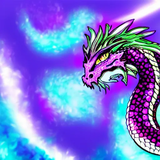 Image similar to magnificent crystal dragon, silky purple in color, rainbow Starburst background, focus on dragon