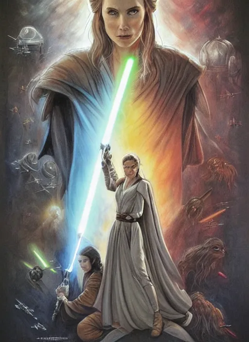 Image similar to movie poster by iain mccaig and magali villeneuve, a beautiful woman jedi master, highly detailed. star wars expanded universe, she is about 2 0 years old, wearing jedi robes.