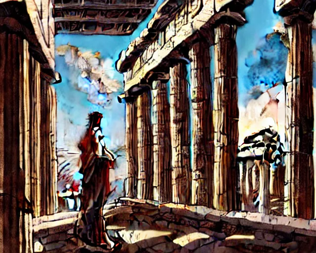 Prompt: Athena in the Athena Temple in Greece, highly detailed, intricate architecture, sharp focus, travel art by Artgerm and Greg Rutkowski and WLOP