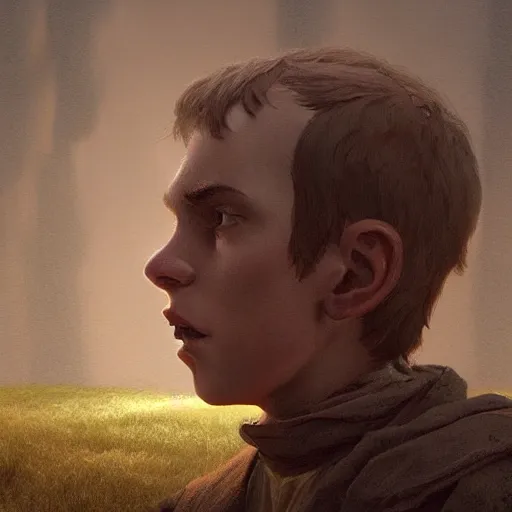 Image similar to a boy looking down in grief, Graceful body structure,cute,Symmetrical face,highly detailed,elegant,Marc Simonetti and Caspar David Friedrich, Trending on artstation,depicted as a Scene from a movie,cinematic lighting