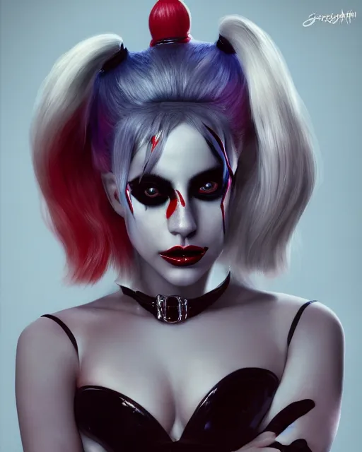 Image similar to 5 5 mm portrait photo of lady gaga as harley quinn. beautiful. magical atmosphere. art by artgerm and greg rutkowski. highly detailed 8 k. intricate. lifelike. soft light. nikon d 8 5 0.