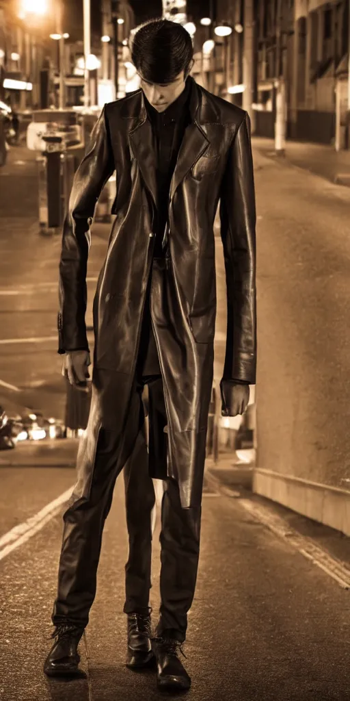 Image similar to Professional full body portrait of a tall young man in a street at night. He is wearing a leather coat and he looks very tired and nervous. 4K, dramatic lighting