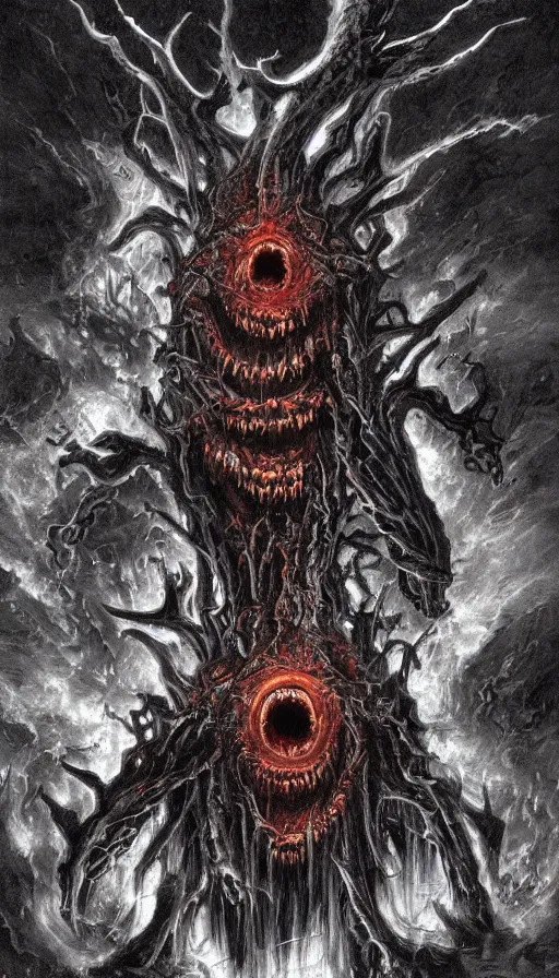 Image similar to a storm vortex made of many demonic eyes and teeth, by james gurney