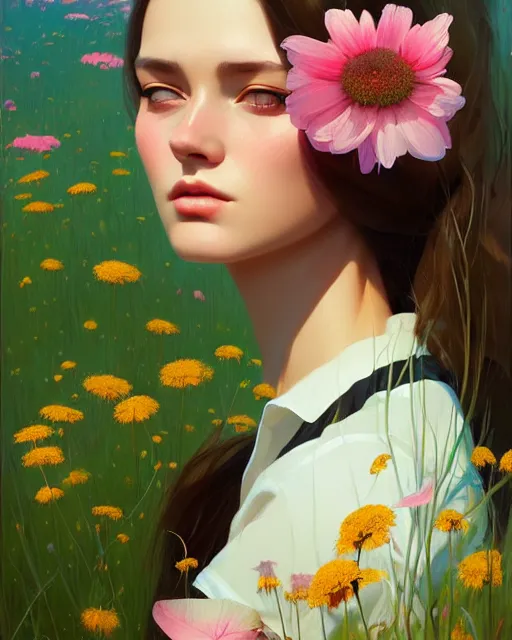 Image similar to stylized portrait of an artistic pose, composition, young lady sorrounded by nature, meadow, flowers, realistic shaded, fine details, realistic shaded lighting poster by ilya kuvshinov, magali villeneuve, artgerm, jeremy lipkin and michael garmash and rob rey