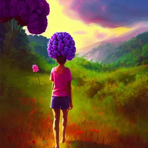 Image similar to giant carnation flower as a head, girl hiking in a lush valley, surreal photography, sunrise, dramatic light, impressionist painting, colorful clouds, digital painting, artstation, simon stalenhag