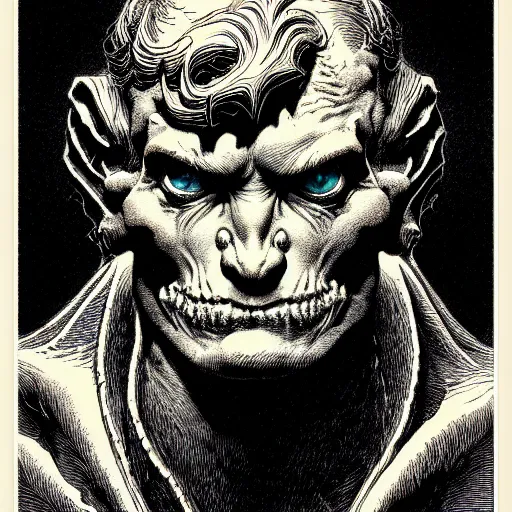 Image similar to gargoyle portrait soft light, by bernie wrightson and joe fenton, inspired victorian, etching, fine, sharp high detail, duotone screen print,