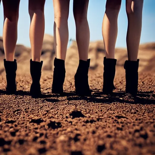 Image similar to up close full body image of 5 friends on dusty Mars soil in the future walking together all wearing stylish high fashion futuristic clothing picture taken with 5 mm camera nokia, intricate, ultra HD, super detailed, realistic, award-winning picture