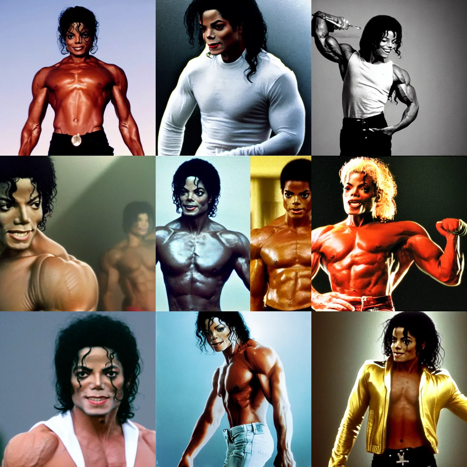 Prompt: soft light, very realistic film still of michael jackson as muscular bodybuilder on steroids