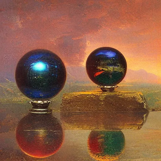 Prompt: chrome spheres on a red cube by jasper francis cropsey