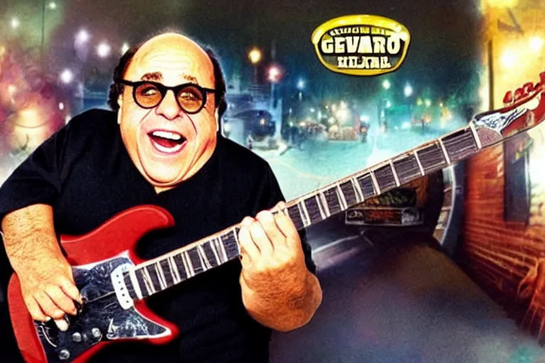 Image similar to danny devito on the cover of guitar hero