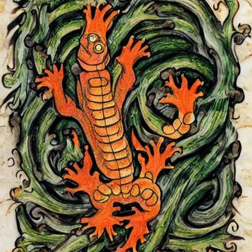 Image similar to salamander on fire in the style of a grotesque of an illuminated manuscript