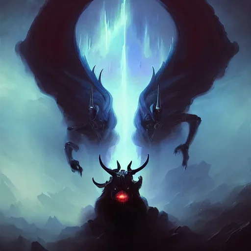 Image similar to demonic dark smiling creature with blue eyes and horns full blacked made by ivan aivazovsky, peter mohrbacher, greg rutkowski volumetric light effect broad light oil painting painting fantasy art style sci - fi art style realism premium prints available artwork unreal engine