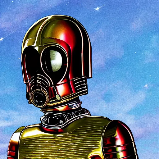 Image similar to entire body portrait of Simpson as C3PO in star wars, background blue sky puffy clouds cinematic 4k