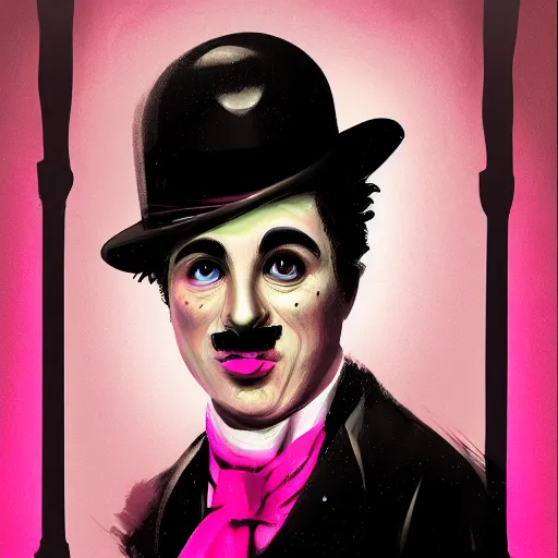 Image similar to a portrait of charlie chaplin, rainy background, pink bright art masterpiece artstation. 8 k, sharp high quality artwork in style of jose daniel cabrera pena and greg rutkowski, concept art by tooth wu, hearthstone card game artwork.