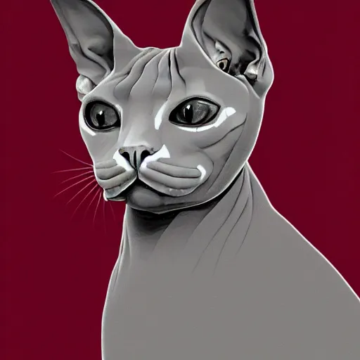 Image similar to a portrait of a humanoid sphynx cat wearing a maroon hoodie, digital art