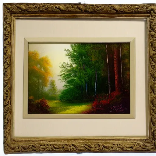 Prompt: A forest landscape with a prefectly diffuse cube in the middle of the painting, by bob ross