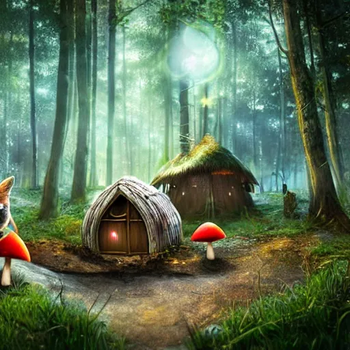 Image similar to A hyper real comic book style portait painting of an enchanted forest with toadstools and a forest hut. Soap bubbles in the air. A fox is in the foreground, unreal 5, hyperrealistic, octane render, cosplay, RPG portrait, dynamic lighting