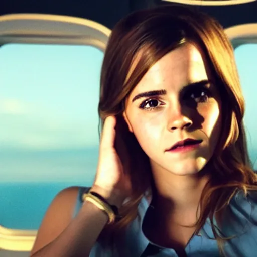 Image similar to emma watson, inside airplane, film still, instagram,