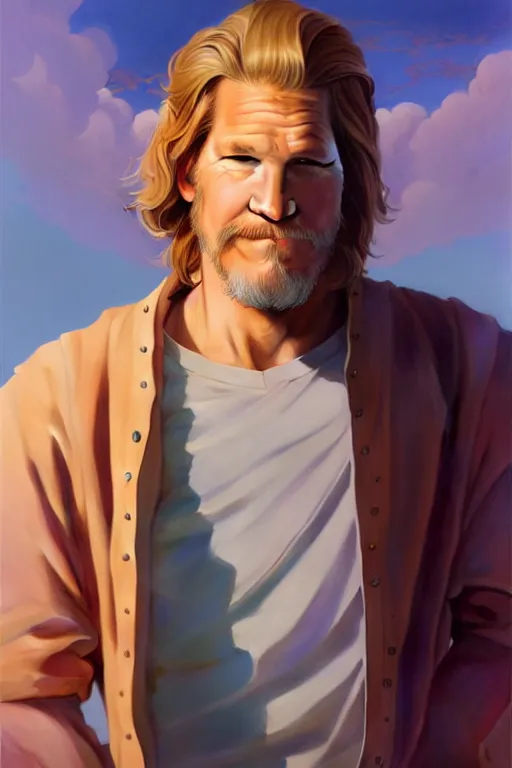 Prompt: half body shot portrait, teenager jeff bridges as a young virtuous! cleric, pastel colours, celestial academia, octane render, unreal engine render, matte painting concept art, by jesper ejsing and artgerm and lois van baarle and ilya kuvshinov and rossdraws, oil on canvas